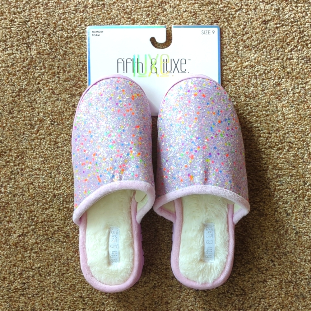 Fifth & Luxe Lilac Glitter Faux Fur Lined Slide Slippers Size 9